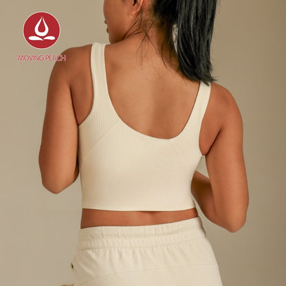 MOVING PEACH Women Sports Tank Top Ribbed Slim fit Button front Crop Top Soft Fixed Bra Cups Gym Running Dance Daily wear AVR