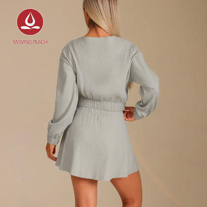 MOVING PEACH Women Sports Sets Loose Fit Full-Zip Cropped Jacket And High-Rise Quick-drying Sports Skirt With Comfy Inner Short Gym Running Dance Daily wear ASZ+AKZ