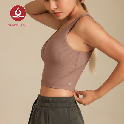 MOVING PEACH Women Sports Tank Top Ribbed Slim fit Button front Crop Top Soft Fixed Bra Cups Gym Running Dance Daily wear AVR