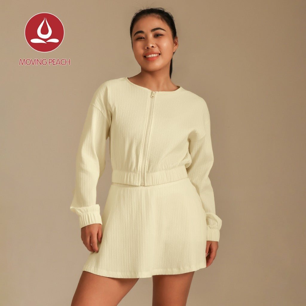 MOVING PEACH Women Sports Sets Loose Fit Full-Zip Cropped Jacket And High-Rise Quick-drying Sports Skirt With Comfy Inner Short Gym Running Dance Daily wear ASZ+AKZ