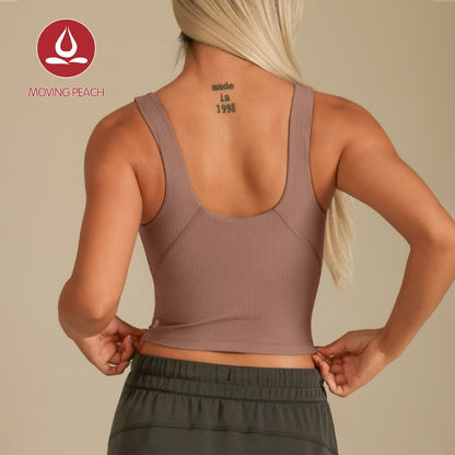 MOVING PEACH Women Sports Tank Top Ribbed Slim fit Button front Crop Top Soft Fixed Bra Cups Gym Running Dance Daily wear AVR