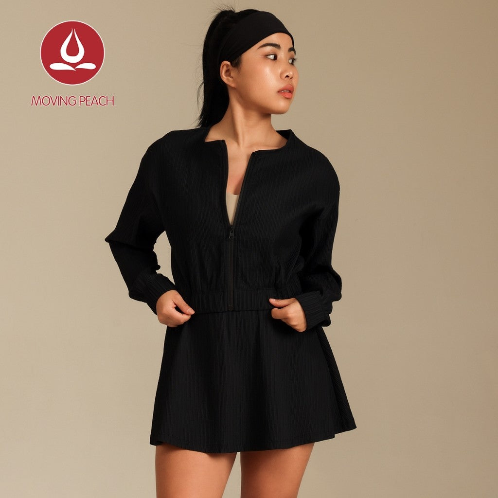 MOVING PEACH Women Sports Sets Loose Fit Full-Zip Cropped Jacket And High-Rise Quick-drying Sports Skirt With Comfy Inner Short Gym Running Dance Daily wear ASZ+AKZ