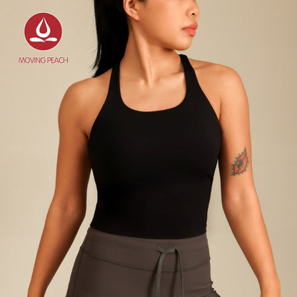 MOVING PEACH Women Sports bra Double Shoulder Straps Cross-Back Yoga Tank Top Soft Fixed Bra Cups Gym Dance Daily wear ABO(longline)